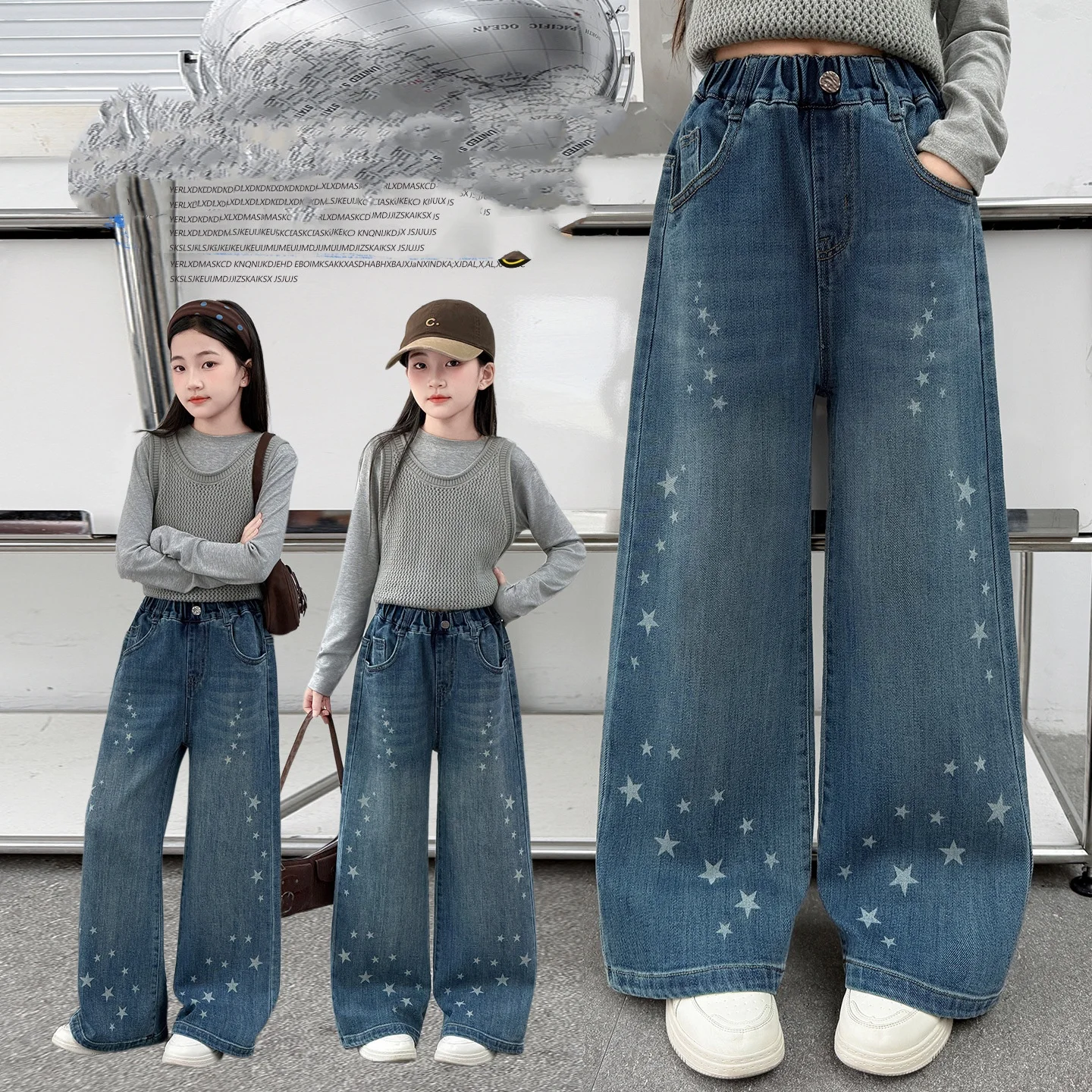 Teenager Kids Designer Fashion Jeans for Girls with Stars Print Casual Loose Flared Denim Pants Stylish Children's Trousers 4-14