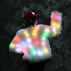 Women Faux Fur LED Light Coat Christmas Costumes Cosplay Fluffy Fur Jacket Outwear Winter Warm Festival Party Club Overcoat