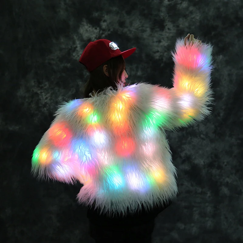 Women Faux Fur LED Light Coat Christmas Costumes Cosplay Fluffy Fur Jacket Outwear Winter Warm Festival Party Club Overcoat