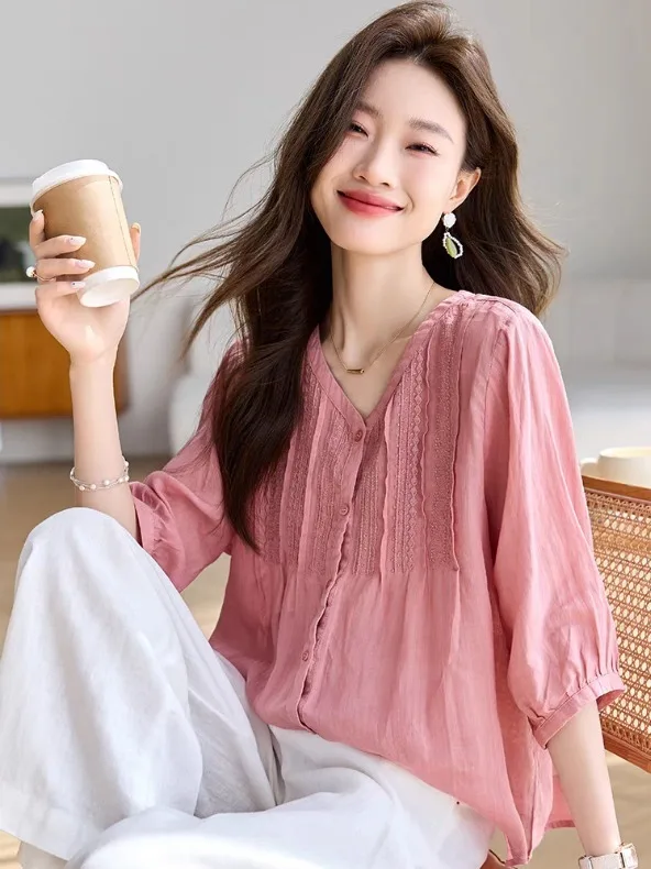 Letnia moda wysokiej jakości koszula haftowana dla kobiet Koreański styl Dekolt w serek Ochrona przed słońcem Jednolity kolor Klasyczna bluzka Damskie topy