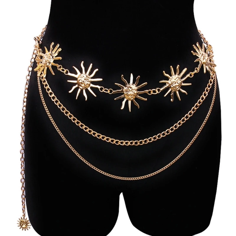 Gold Tone Body Chain Sun/Moon Waist Chain for Stylish Ladies Adjustable Length Metal Waistband for Music Festivals