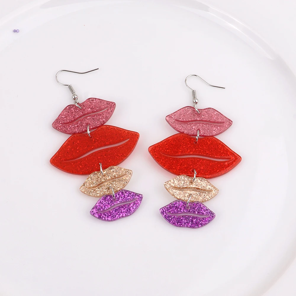 Trendy Multilayer Red Lips Acrylic Drop Earrings For Women Colorful Geometric Glitter Long Dangle Earrings Fashion Jewelry Gifts