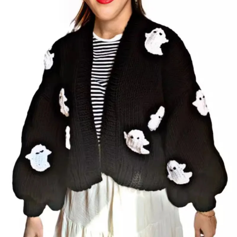 European and American Women's New Halloween Dark Ghost Knitted Embroidery Loose Cardigan