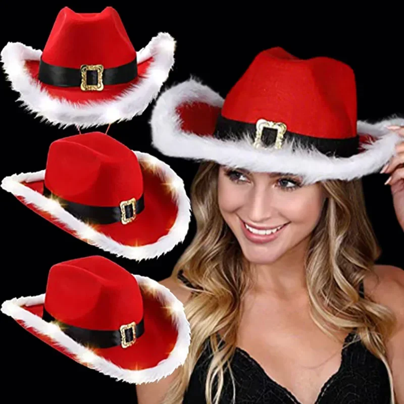 Fashion Santa Claus Party Christmas Luminous Cowboy Hat Western Red Felt Hats Wide Brim Cowgirl Hat Jazz Hat for Women Men