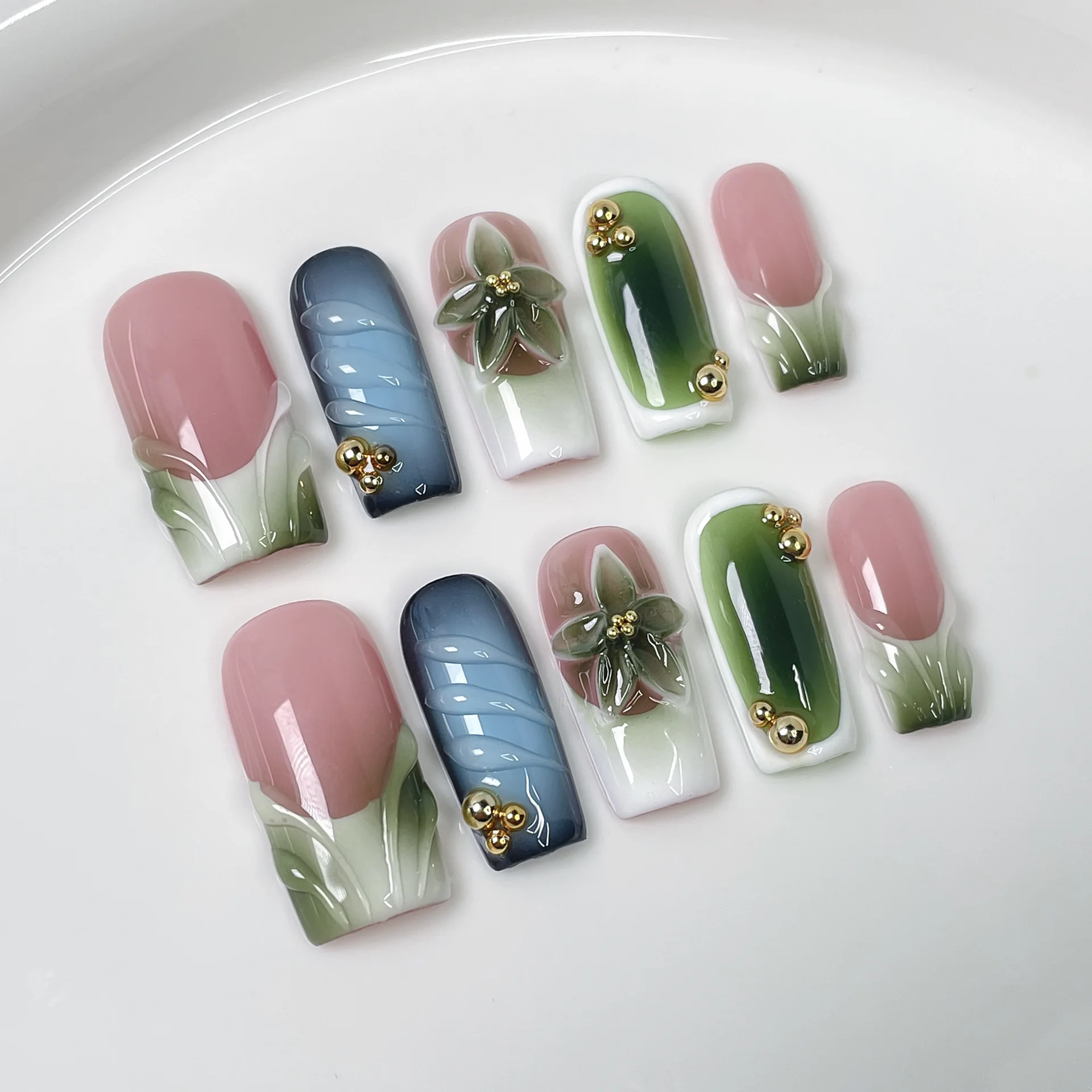 

10Pcs 3D Green Flower Handmade Press on Nails French Fake Nails Wearable Stick-on Nails False Nail Uñas Накладные Ногти 네일팁