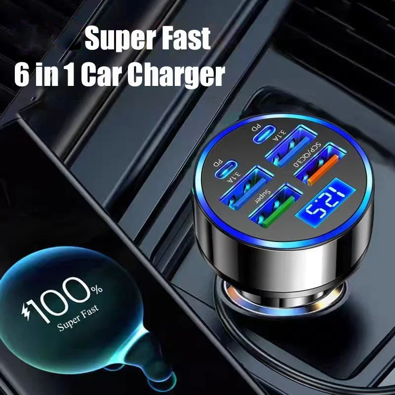 UYUXIO 6 in 1 USB C Car Phone Charger Adapter with Voltage Display Super Fast Charge in Car for iPhone 16 15 Pro Max Samsung - náhled 2