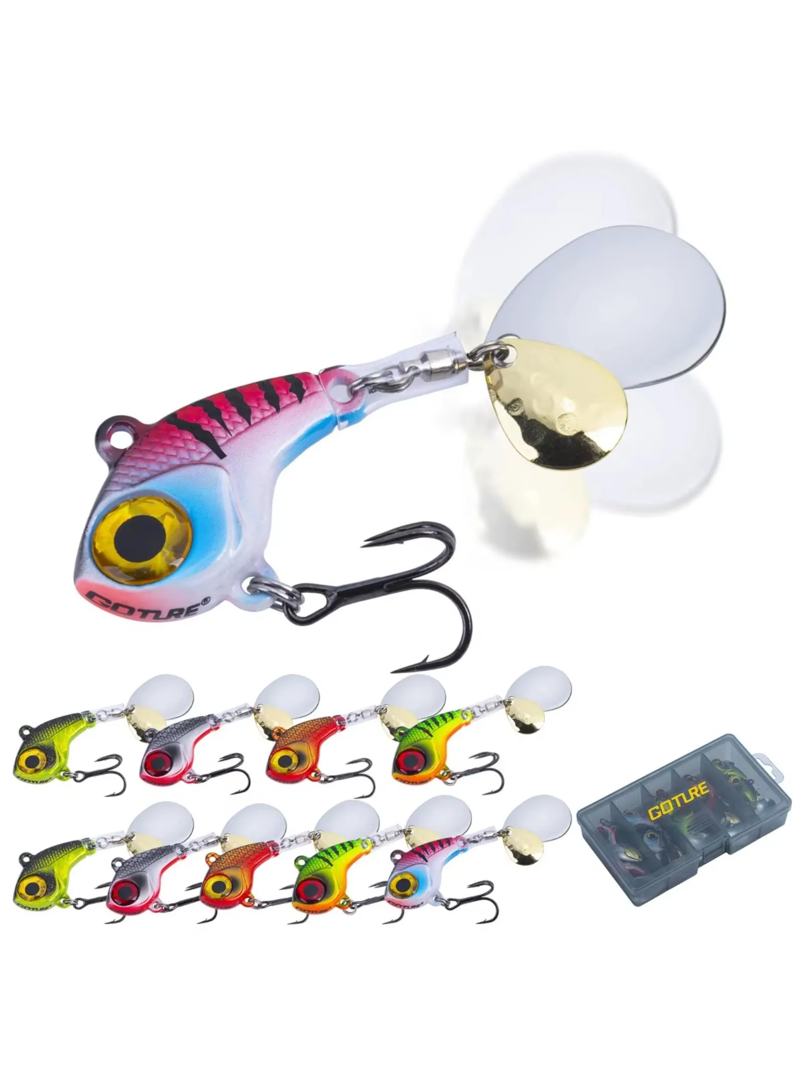 

Набор приманок Goture VIB Tail Spinners, двусторонняя спиннинговая ложка, тройной крючок, фиксированная трубка с защитой от запутывания и ящиком для хранения, рыболовные снасти