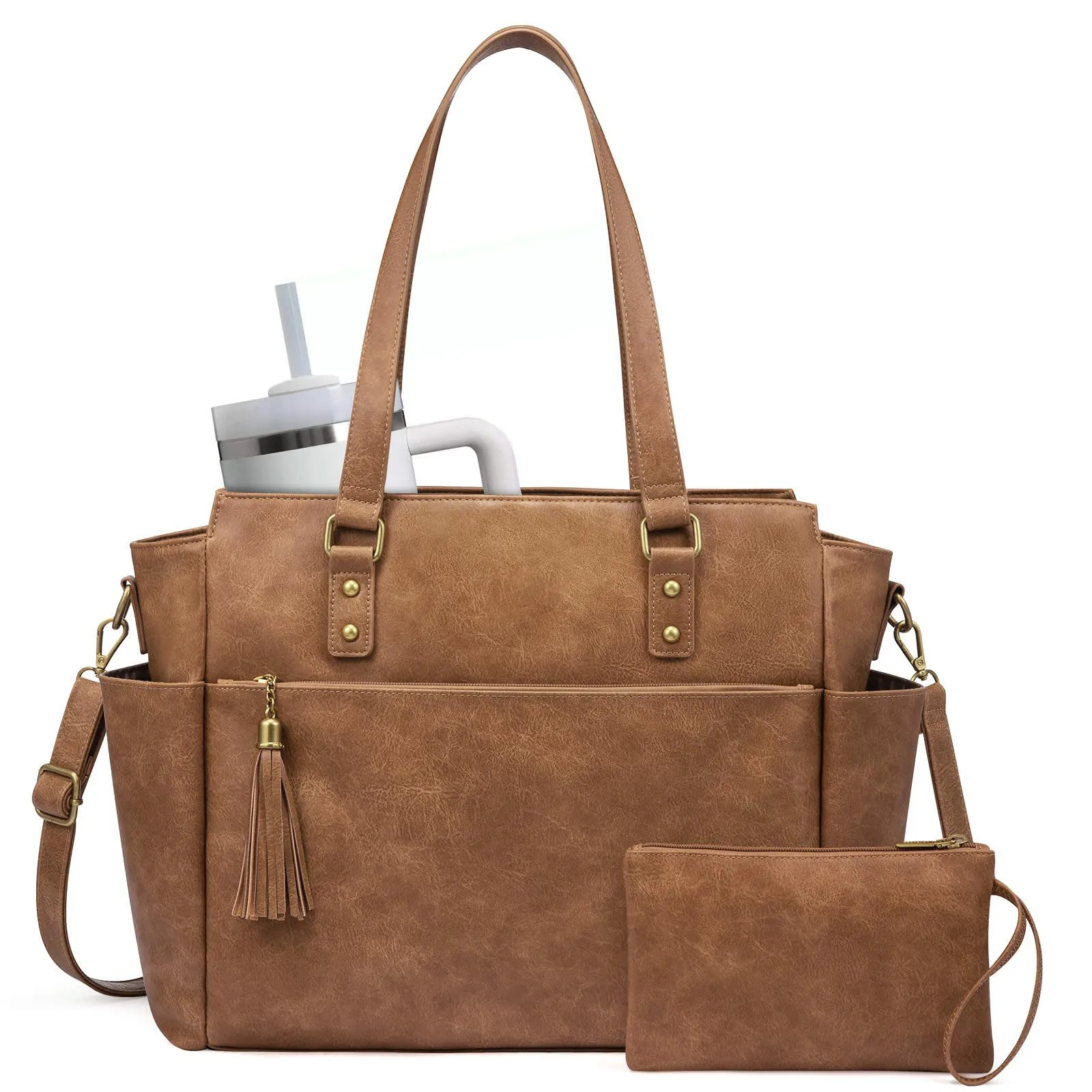 حقيبة كمبيوتر محمول للنساء مقاس 15.6 بوصة حقيبة عمل عتيقة مع حامل أكواب كبير، حقيبة مدرسية للكمبيوتر مقاومة للماء #1