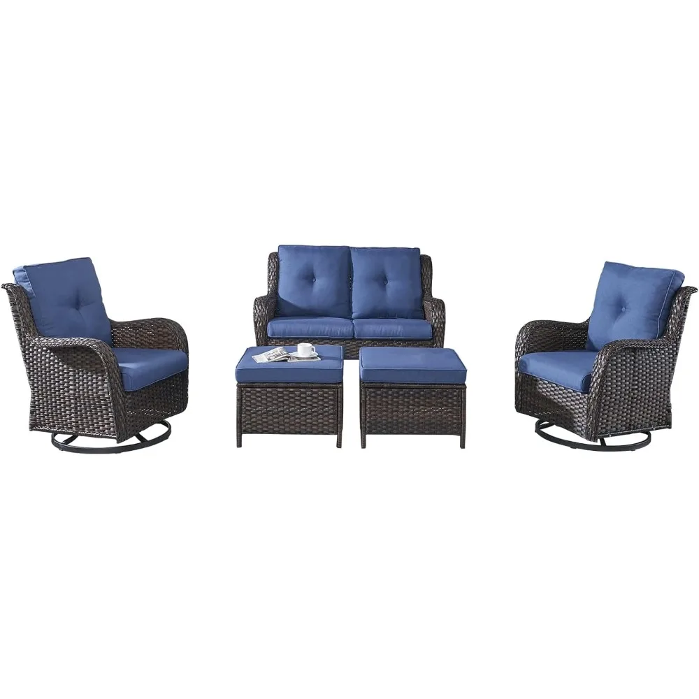 

5-piece Outdoor Patio Furniture Set, Rattan Patio Lounge Set, Including A Swivel Rocking Chair, Footstool, and Two-seater Sofa