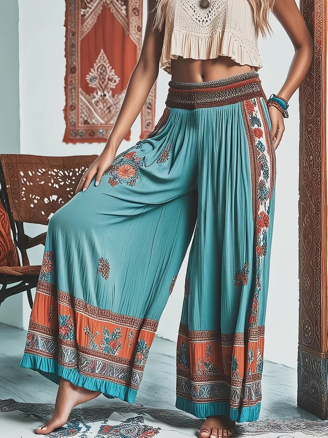 

Bohemian Plus Size Trousers for Women Elastic Waist Floral Printed Chic Ethnic Loose Wide Leg Pant Soft Casual Vintage Pants