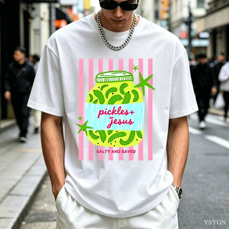 Pickles and Jesus Graphic Print T-Shirt Men Women Causal Salty and Saved Christian Tee Faith and Pickle Lover Tshirts Religious