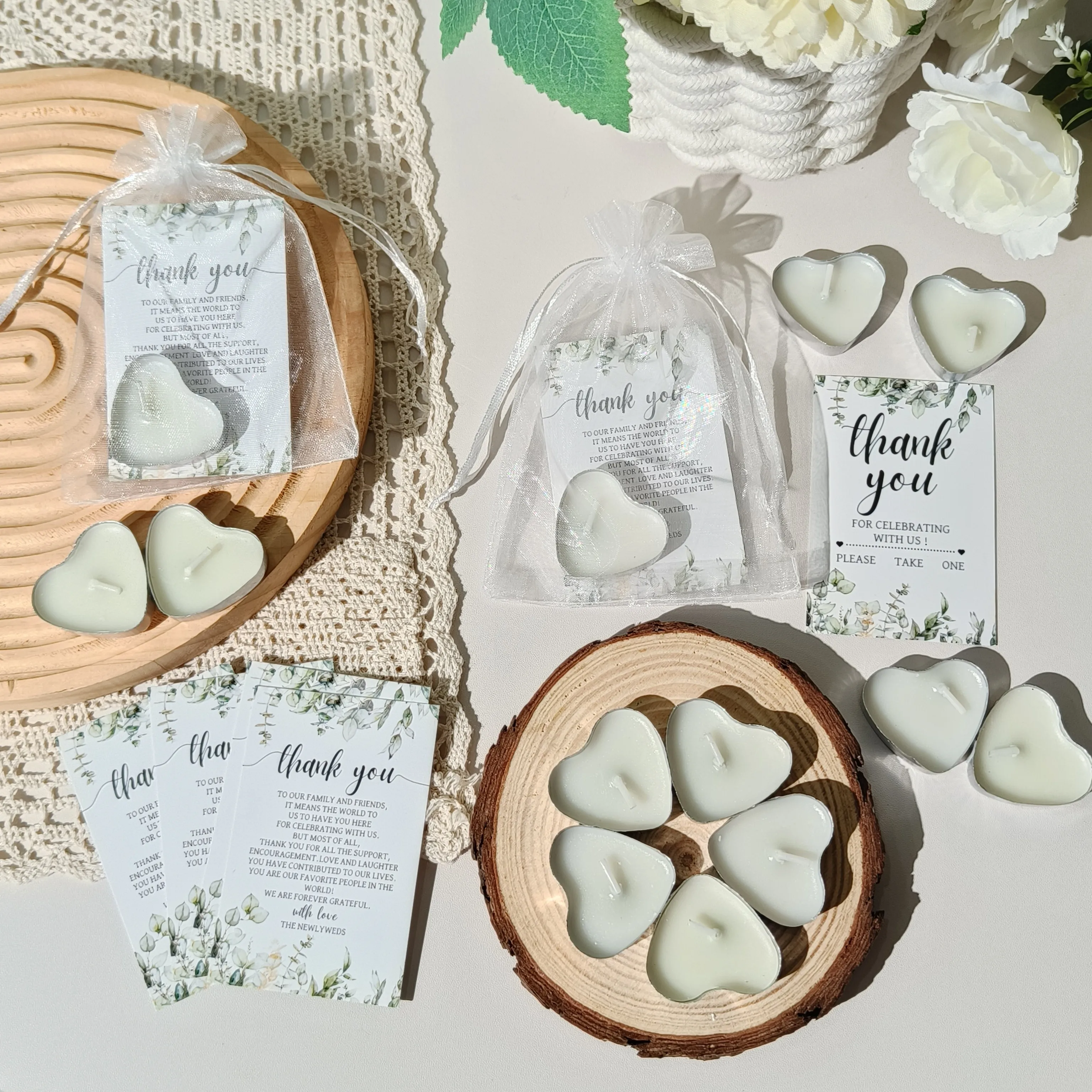 

100sets Bulk Heart Shape Decorative Candles with Bags and Cards for Wedding Guest Gifts, Party Favor Packs, Bridal Shower Gifts