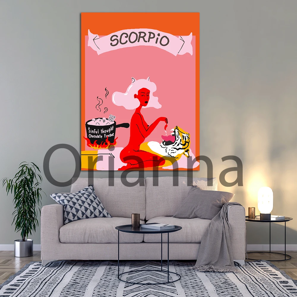 Scorpio Zodiac Art Canvas Print,Zodiac Home Decor,Gifts For Scorpios, Kinky Wall Art Print Weird Nude, Girl Tiger Pop Art Poster