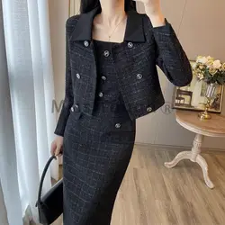 2024 Autumn French Vintage Elegant 2 Piece Sets Woman Button Slim Design Harajuku Midi Dress Suit Female Solid Casual Clothing