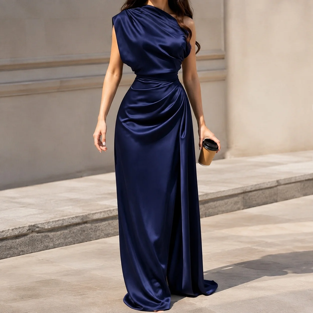 Woven Round Neck Gown Slim Fit European and American Style with Asymmetrical Hem Sleeveless Long Dress Party Dress for Women