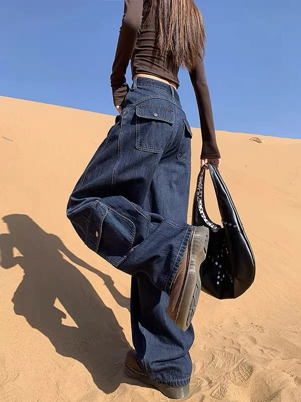 

American Vibe Women's Slim Fit Denim Work Pants High Waist Wide Leg Long Trousers Autumn Winter Deep Blue Casual Jeans