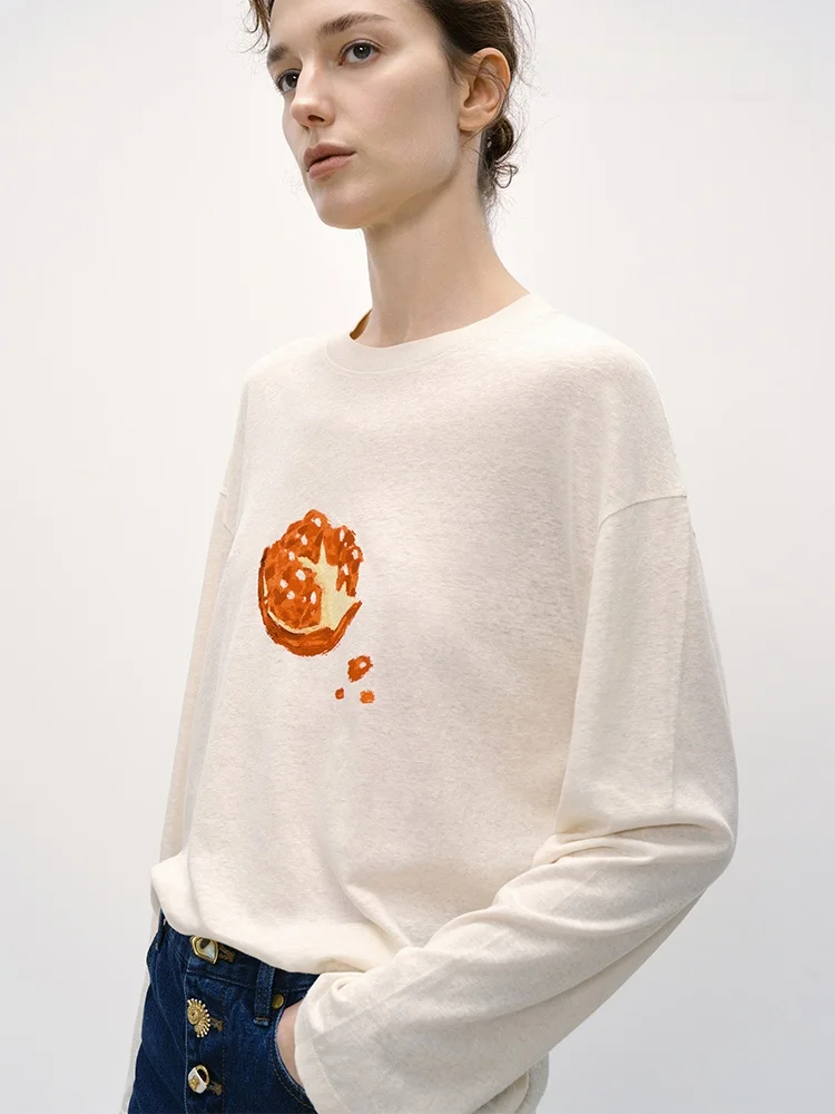 

Aconie Loose Long Sve Cotton Linen T-irt Women's Top Hand-Dn Pomeanate Print Commute Sle Creative Pattern