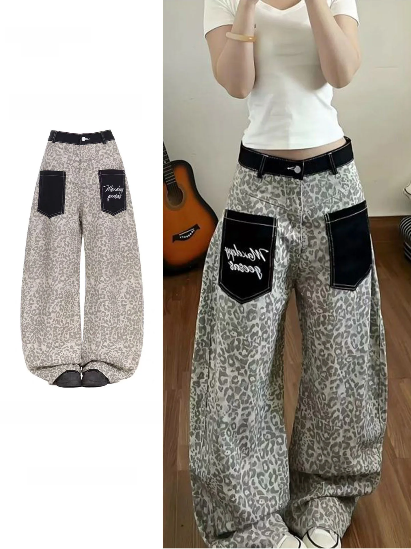 Large Size American Retro Leopard Print Patchwork Pocket Denim Jeans Women Summer Loose Street Wide Leg Casual Long Trousers