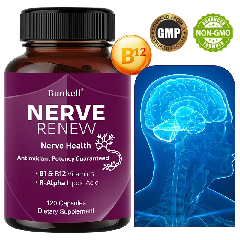 

Nerve Health 120 Capsules - with B1, B12 Vitamins and R-Alpha Lipoic Acid - Supports Nervous System Health and Boosts Immunity
