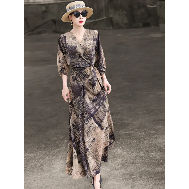 MEXCOCO 2026 New Summer Retro Elegant V Neck Wrap Three Quarter Sleeve Abstract Printed Tie Waist Irregular Hem Maxi Dress