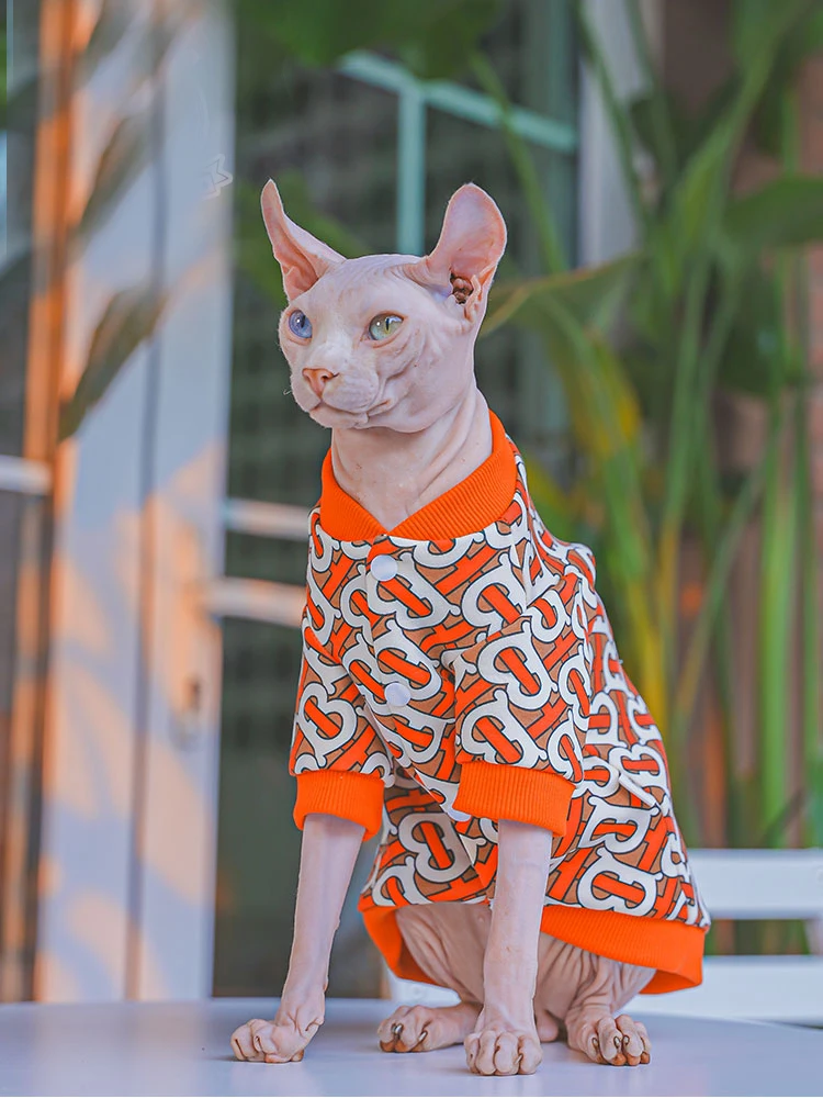 Sphynx Cat Warm Jacket in Winter Hairless Cat Clothes Cotton Baseball Uniform For Devon Rex Orange Cartoon Coat for Kittens