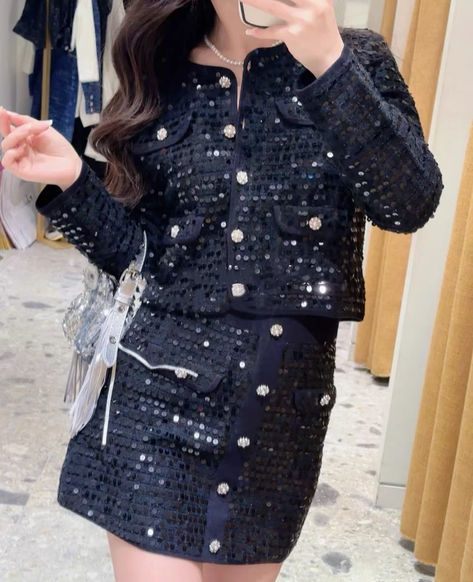 

Pearl Button Short Jacket Sequined Long Sleeved Knitted Cardigan 2025 Spring/summer Fashion Korean Style Clothes Long Sleeve Top