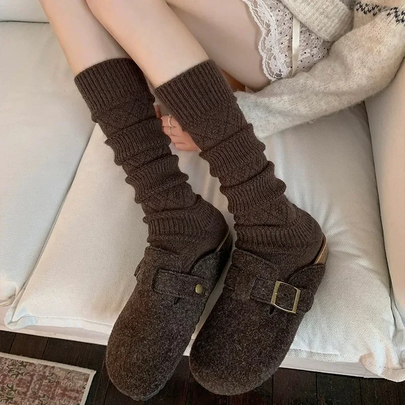 日本のニット暖かいウールストッキング女性用無地シンプルなダイヤモンド型格子柄秋厚手ニーハイソックス