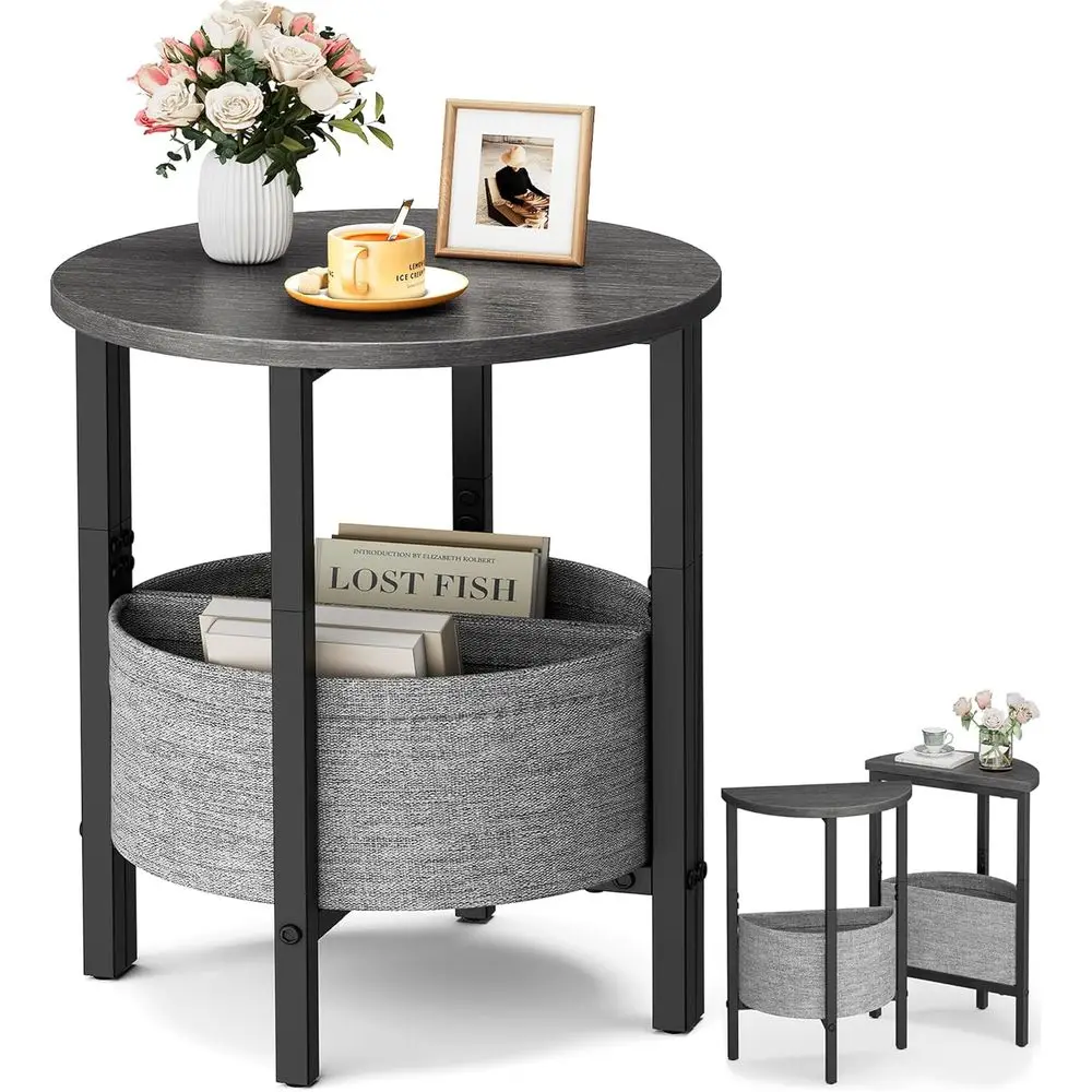 Small Round Side Table, Tall Accent Table with Storage Basket, Set of 2 Half Round Tables, Coffee Bed Table, Nightstand or Livin