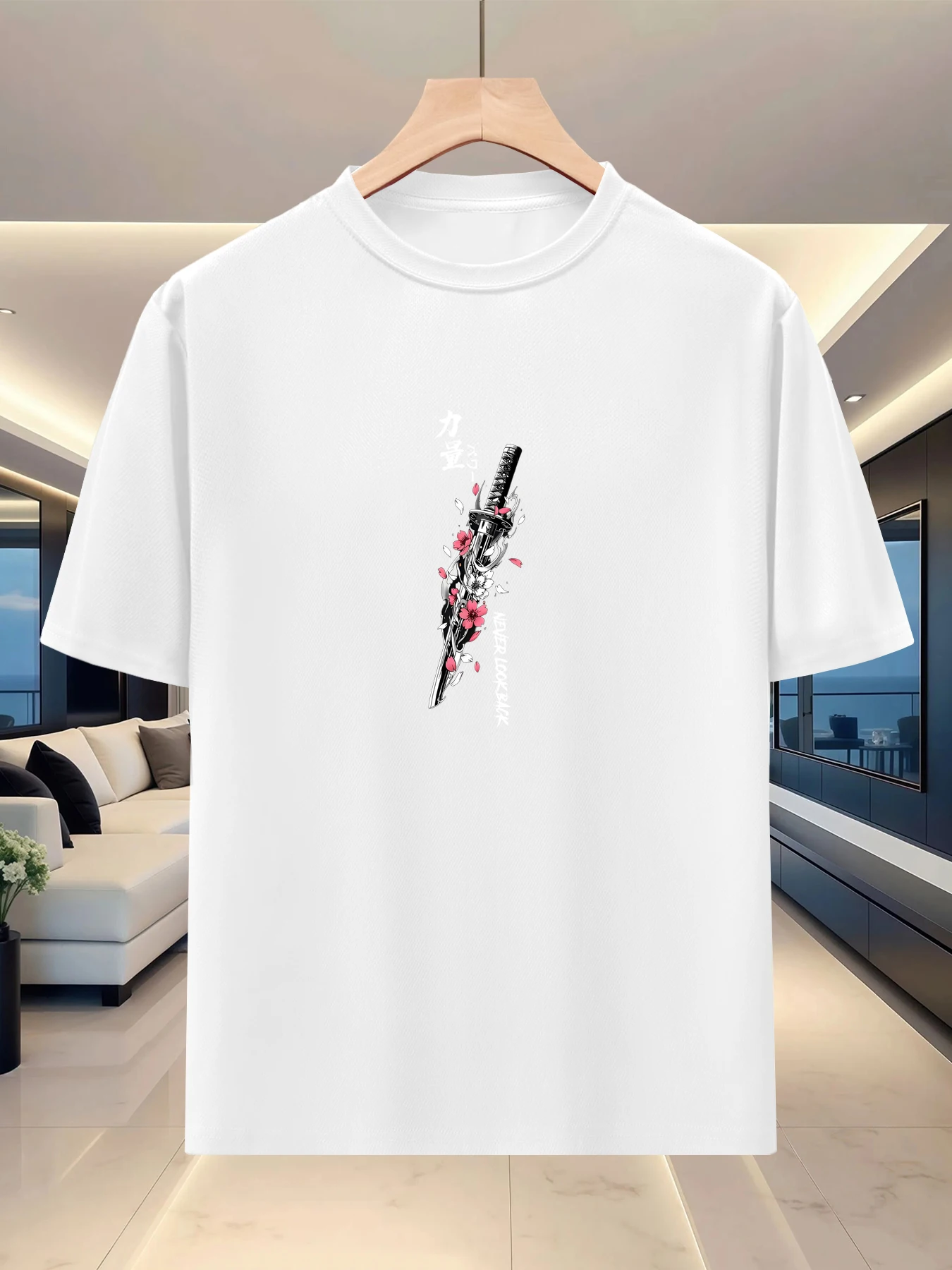 Relaxed tone men's loose shoulder T-shirt for spring and summer travel trend, artistic print silhouette, casual half sleeve