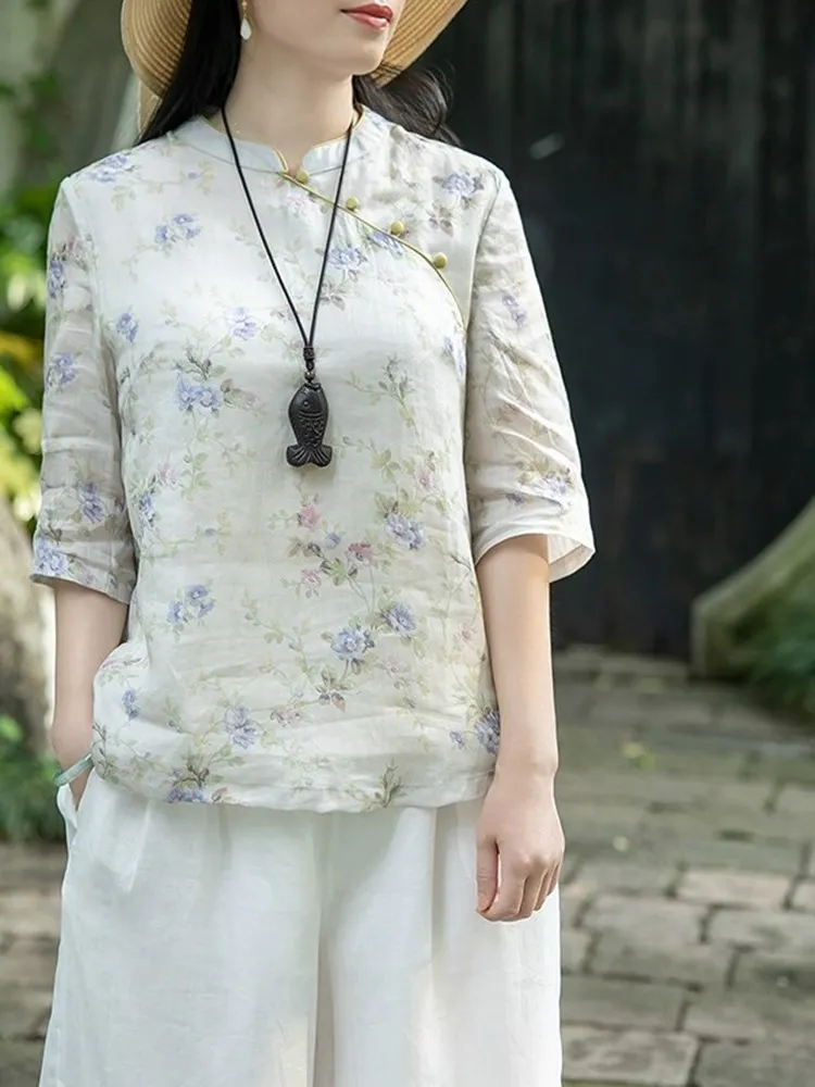 

Elegant Chinese Style Cotton Linen Shirt Women's Summer Loose Fit Printed Zen Tea Costume Regular Sleeve Length Commute Style