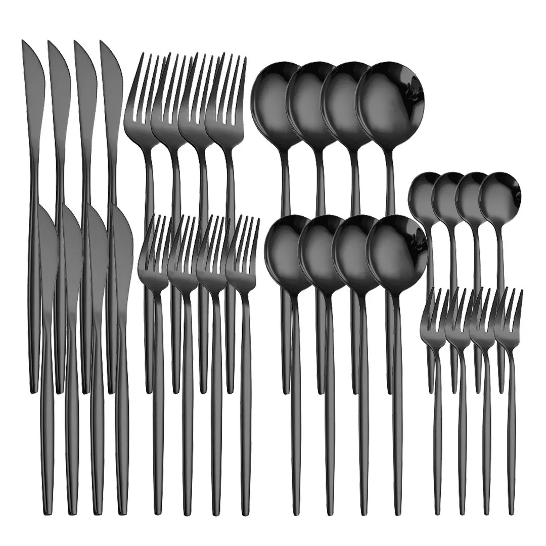 

Home Black Cutlery Set 32pcs Kitchen Silverware Dinnerware Set Mirror Stainless Steel Knifes Forks Spoons Tableware Flatware Set