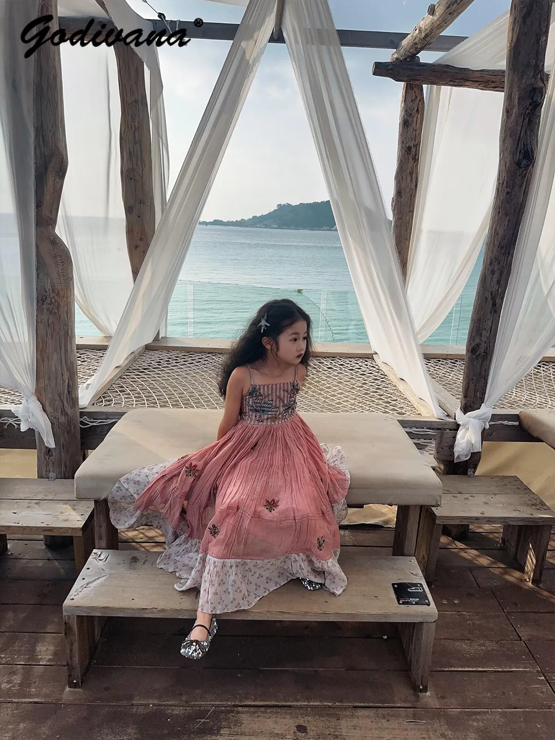 Baby Girls Beach Vacation Casual Straps Dress Children's Floral Embroidery Loose Fit Ruffle Hem Suspender Princess Maxi Dress