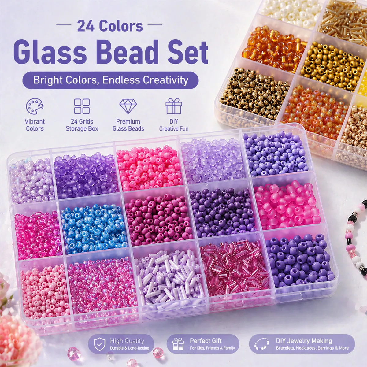 

15 Girds Glass Beads Kit Include Seed Beads & Tube Beads with Storage Box for DIY Jewelry Craft Bracelet Necklace Charms Making
