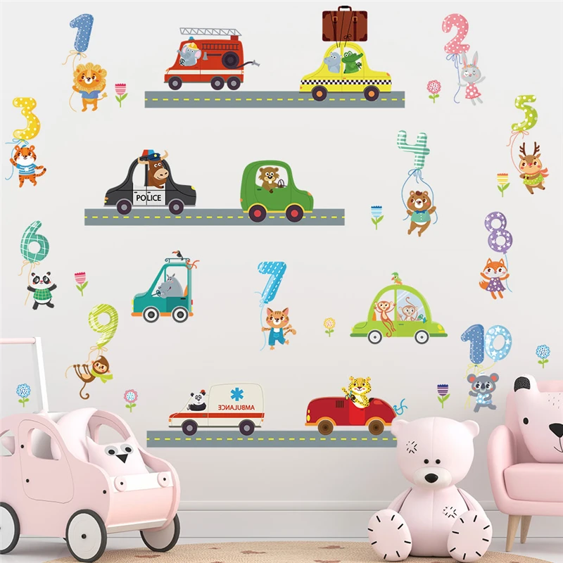 

Cute Animals With Numbers (1-10) Wall Stickers For Home Decoration Car Bus Taxi Traffic Mural Art Kids Room Decal Nursery Poster