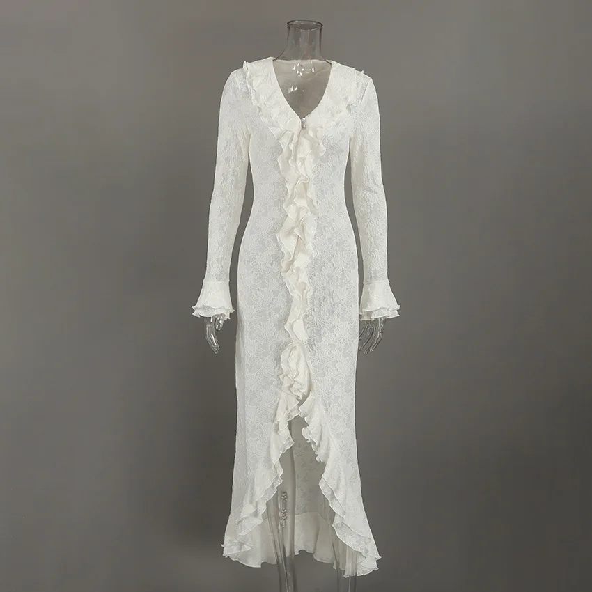 2026 Autumn Women Lace Knit Bodycon Midi Dress V Neck Long Sleeve Irregular Hem Elegant Designer Style Dress