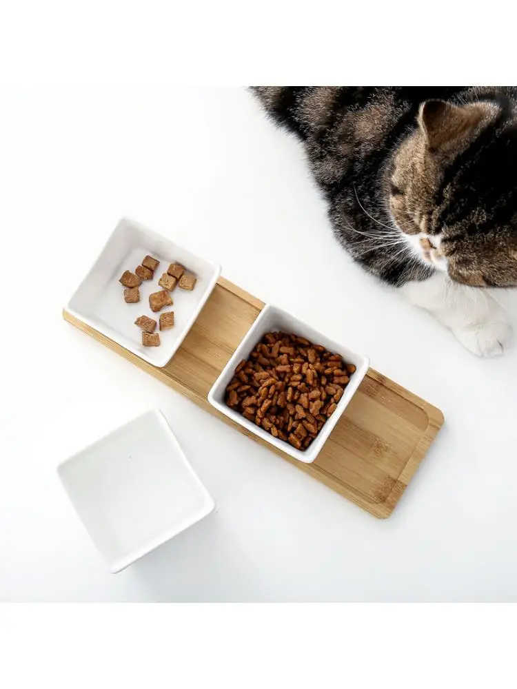 Cat Bowl Double Bowl Cat Food Bowl Bamboo Stand Ceramic Cat Rice Bowl Cat Food Bowl Dog Bowl Snacks Cat Bowl Pet Supplies