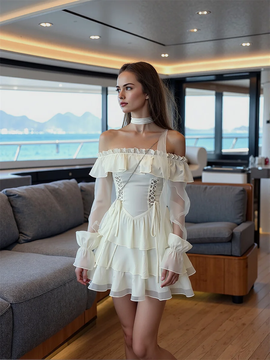 Vestidos Midi com Decote Slash e Mangas Longas para Mulheres, Roupas de Primavera, Vestido de Noiva com Mangas em Camadas, Elegante e Divertido para Férias