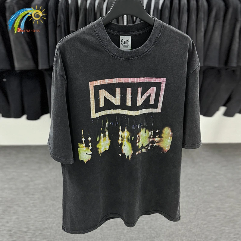 Classic Vintage Washed Black NIN Nine-inch Nail T-Shirts Men Women Best Quality Cotton Oversized Tee Top Casual Saint T Shirt