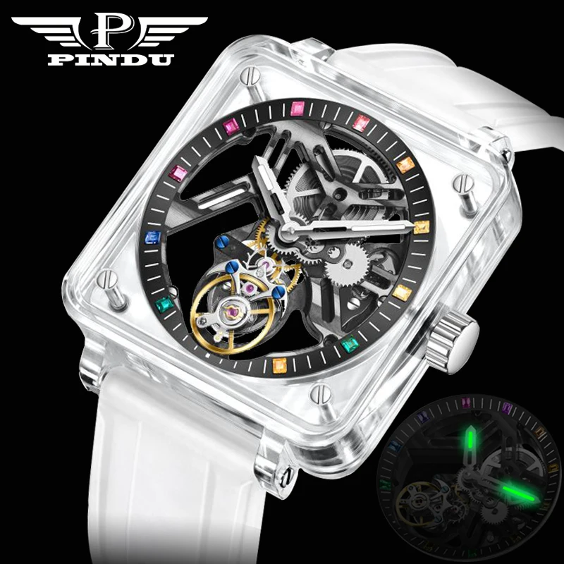 

PINDU Hollow transparent Design Mechanical watch Men Tourbillon movement sapphire glass Waterproof automatic mechanical watch