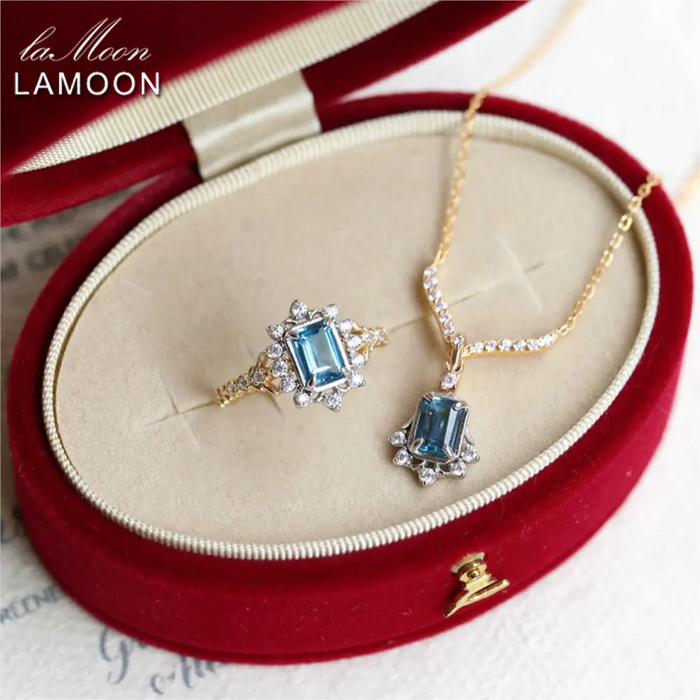 

LAMOON Vintage Natrual Blue Topaz Gemstone Pendant Necklcace For Women Luxury Bijou 925 Sterling Silver Gold Plated Fine jewelry