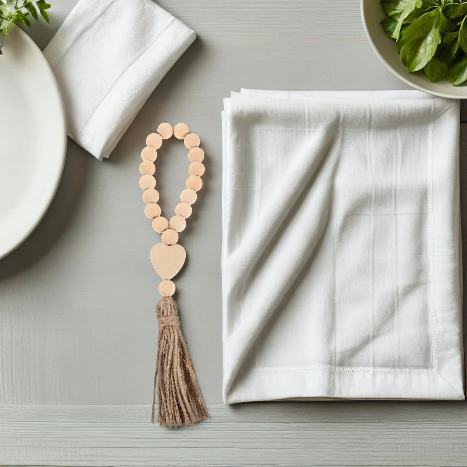 

6Pcs Wood Bead Napkin Rings Heart Tassel Beaded Elastic Farmhouse Style Wedding Christmas Thanksgiving Table Decoration