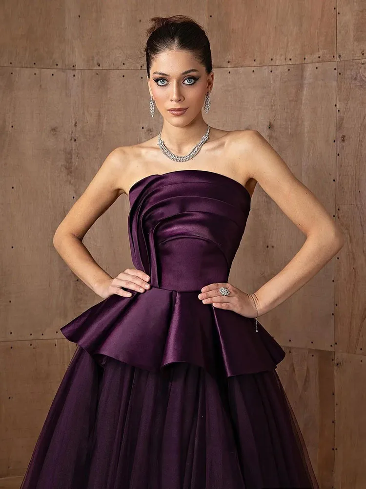 فستان سهرة رسمي من LAYXHS باللون الأرجواني بدون حمالات مكشكش على شكل حرف a فستان للحفلات الراقصة مخصص من Fساتين Sheer