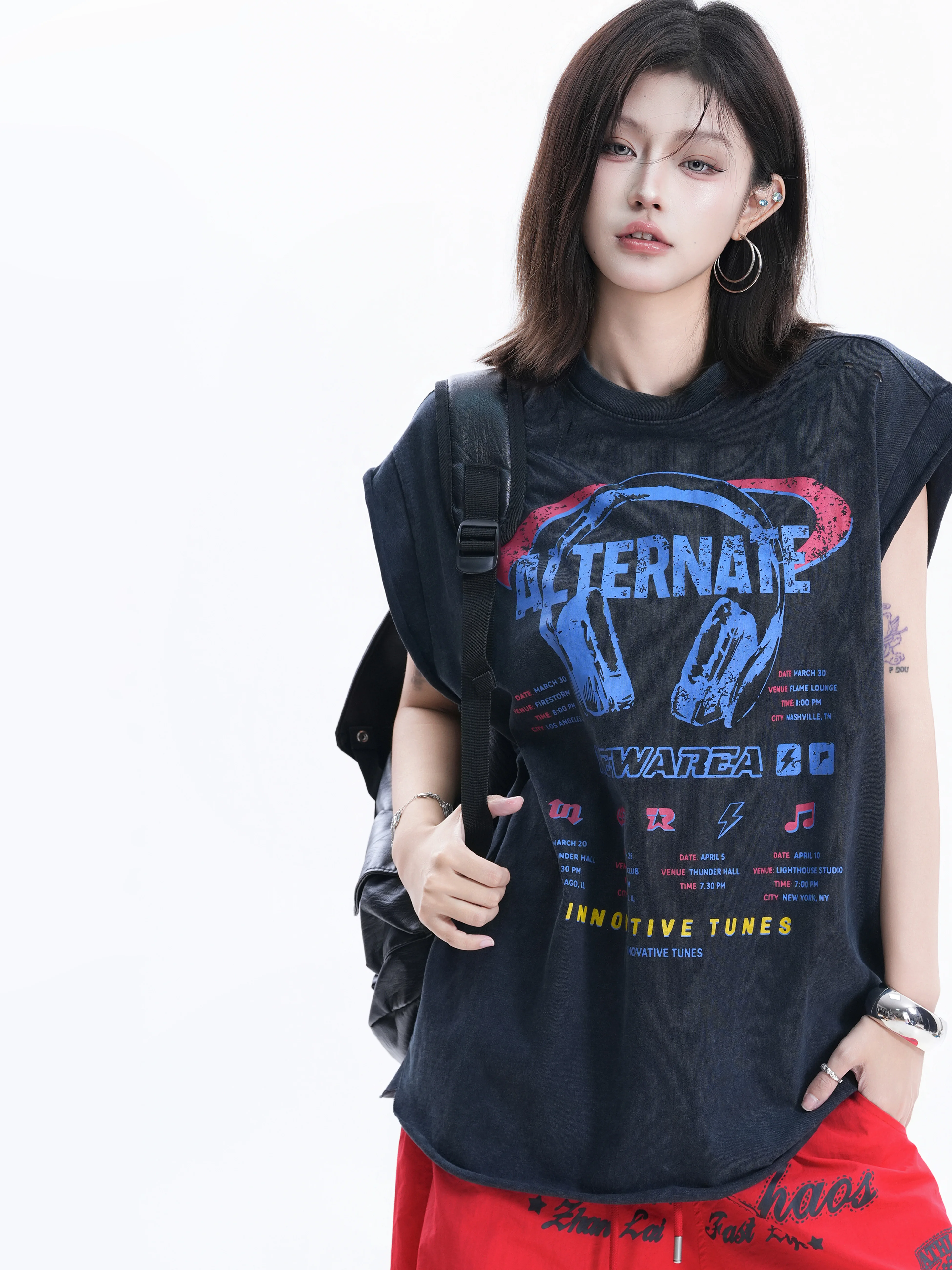 Retro American Style Sleeveless Vest Women's Hole Punching Ins Design Neutral Small Flying Sleeve Print Cotton round Neck Vest