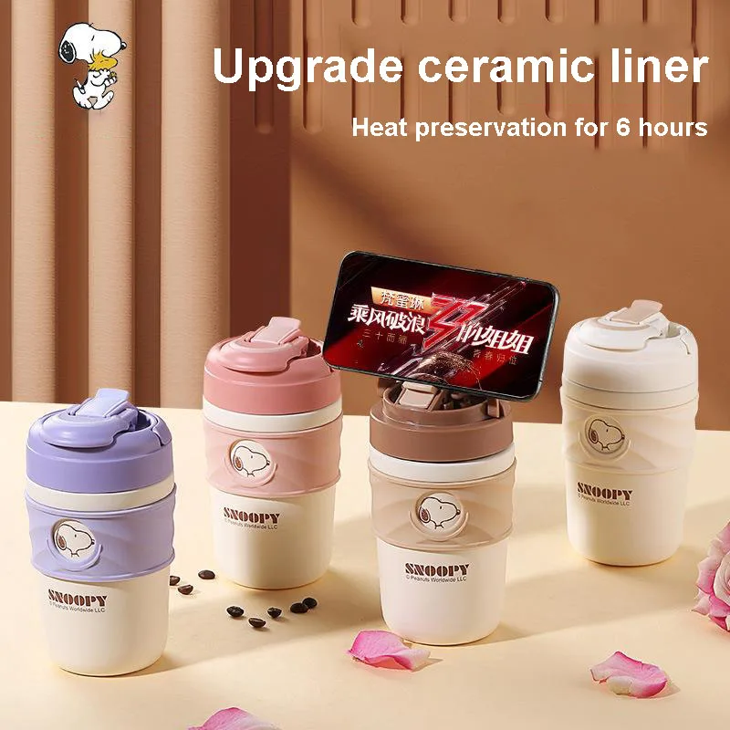 Snoopy Female Good-Looking Vacuum Cup Kawaii Coffee Cup Ceramic Liner Easy To Clean Large Capacity Traveling Straw Cup Ins