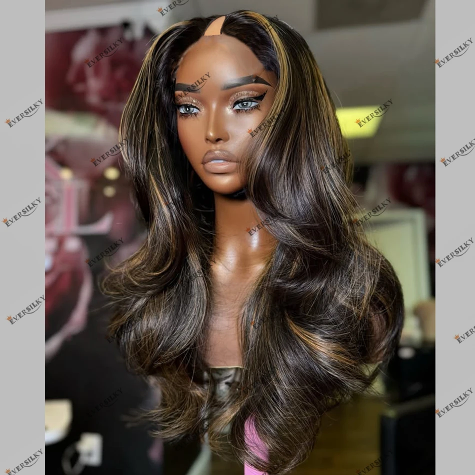 

Super Wave Highlight Human Hair V Part Wigs 1B/30 Balayage HIghlighted Indian Remy Human Hair Wigs 1X4 U Shape Opening Wigs