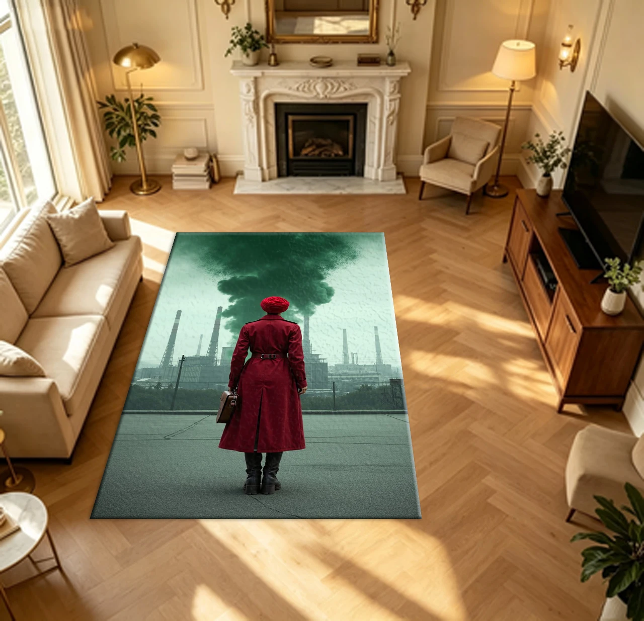 Surreal Industrial Retro Figure Art Carpet Flooring Red Outfit Factory Smoke Background Household Indoor Decor Area Rug