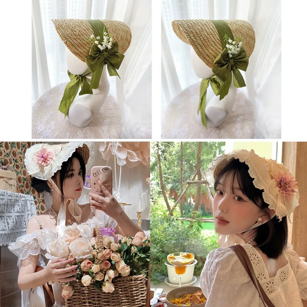 French Rural style Lolita Straw Hat Ruffle Lace Ribbon Bow Girl Sun Hat Handmade With Strap Ribbon Flower Flat Top Hat