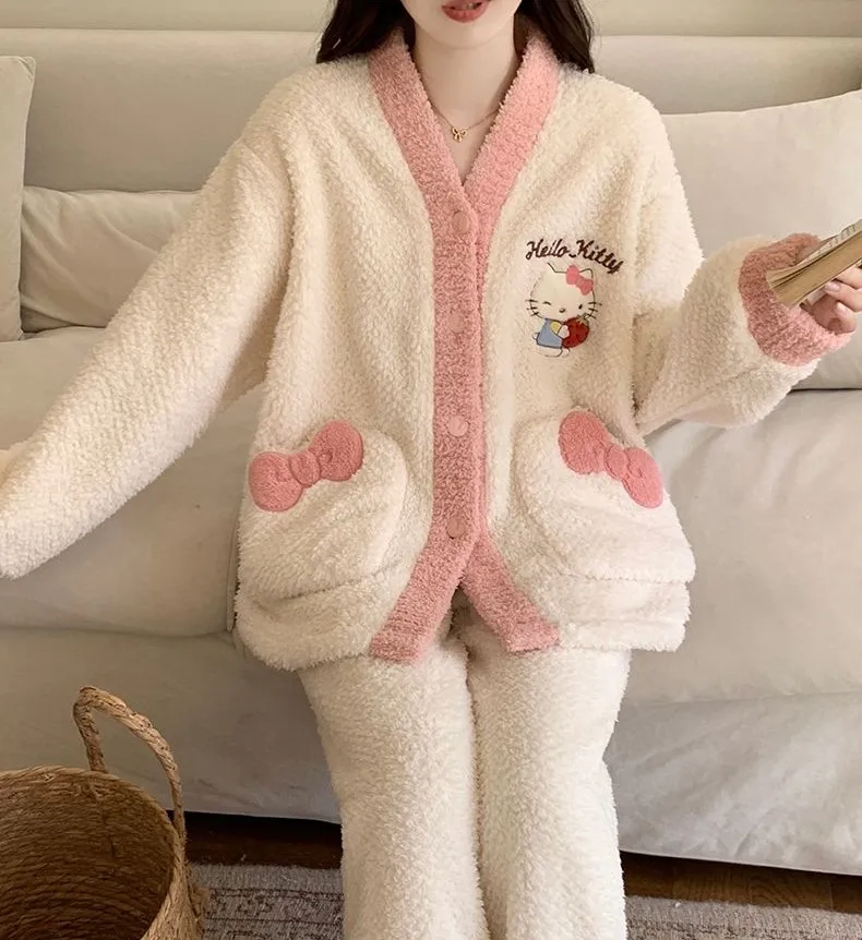 

Hello Kitty Polar Fleece Lounge Set Women Two Piece Outfit Long Sleeve Cardigan Comfortable Home Wear Cozy Loungewear