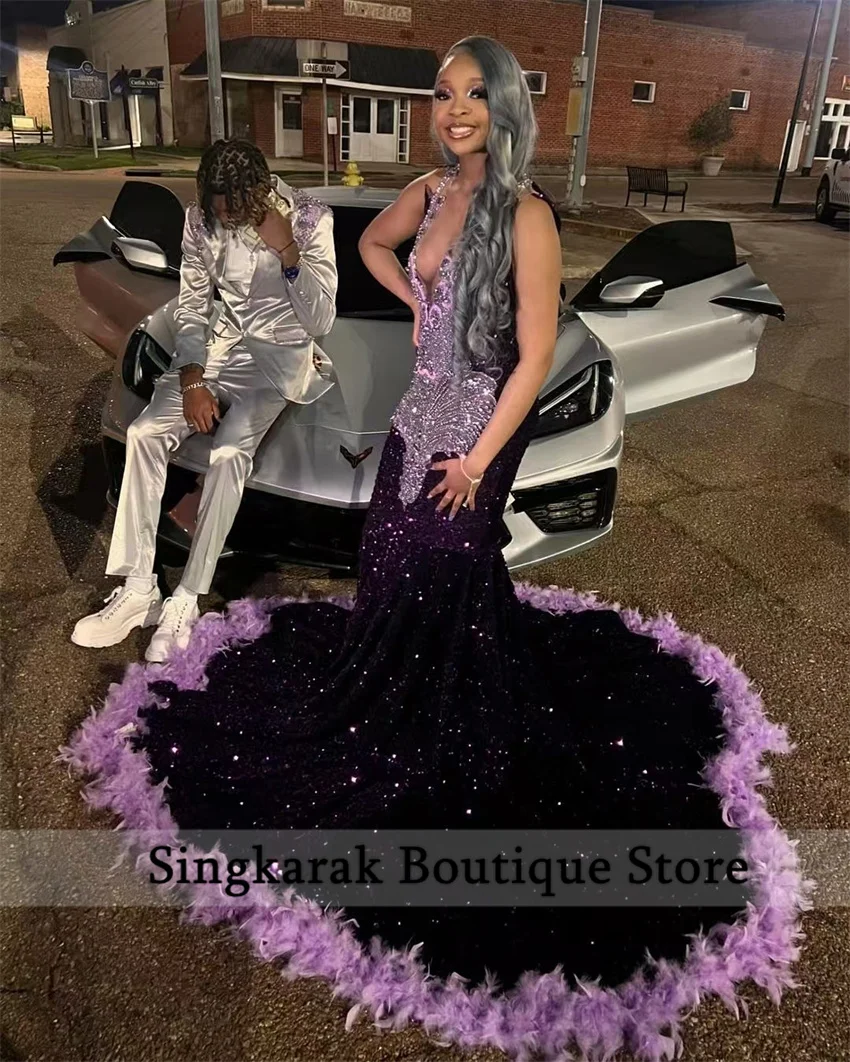 Glitter Purple Gems Prom Dress 2025 Beads Rhinestones Birthday Party Dress Sequins Gown Feathers Wedding Party Dress Customized