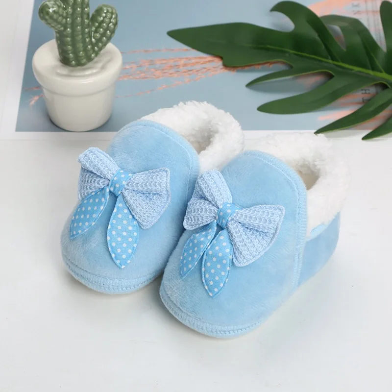 Baby First Walkers Newborn Girls Plush Thickening Warm Princess Shoes Fashion Bow Soft Sole Toddler Prewalkers 6-15M